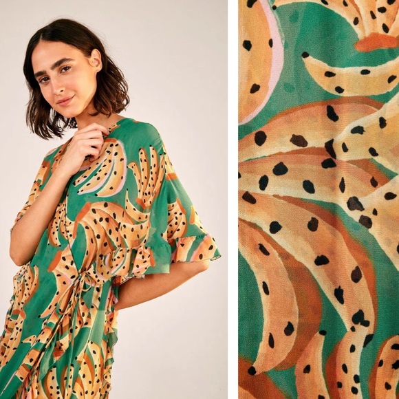 🍍FARM Rio Green Raining Bananas Maxi Wrap Dress - Picture 2 of 6